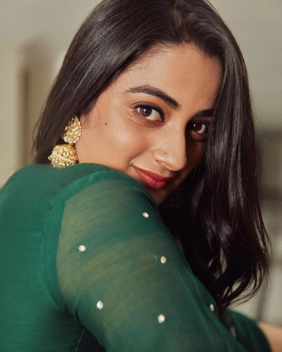 Namitha Pramod Wearing Beautiful Earring Designer Green Dress